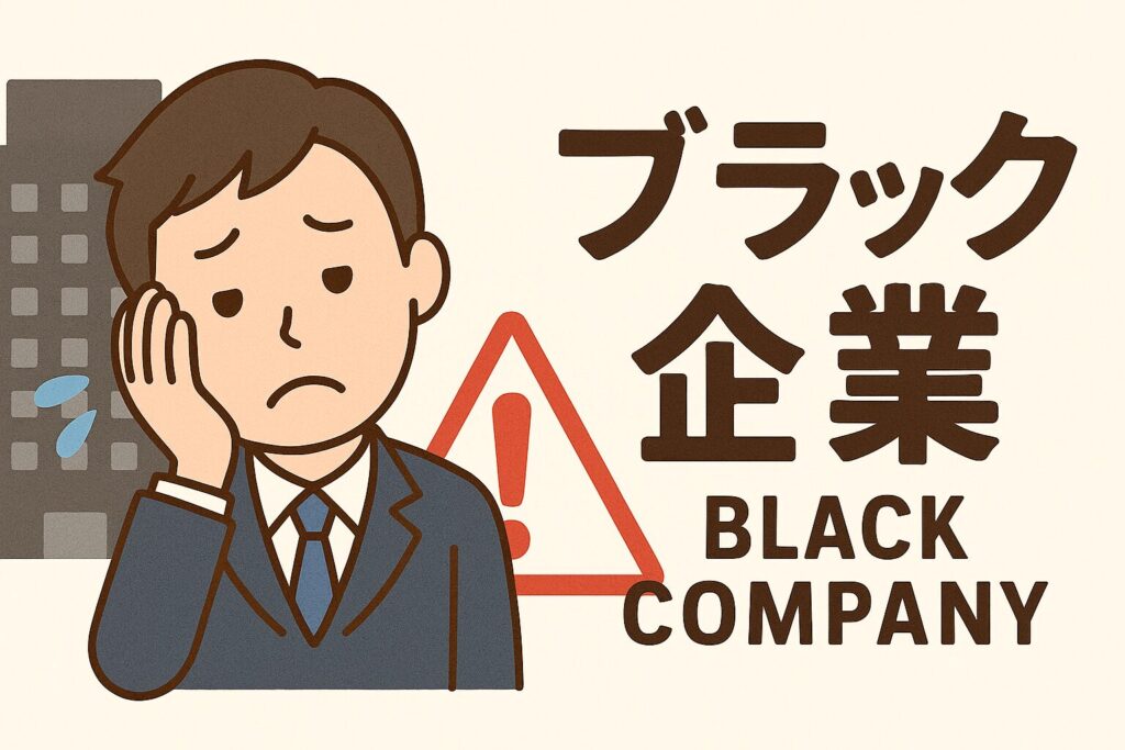ブラック企業で疲れた表情の社員と注意マーク