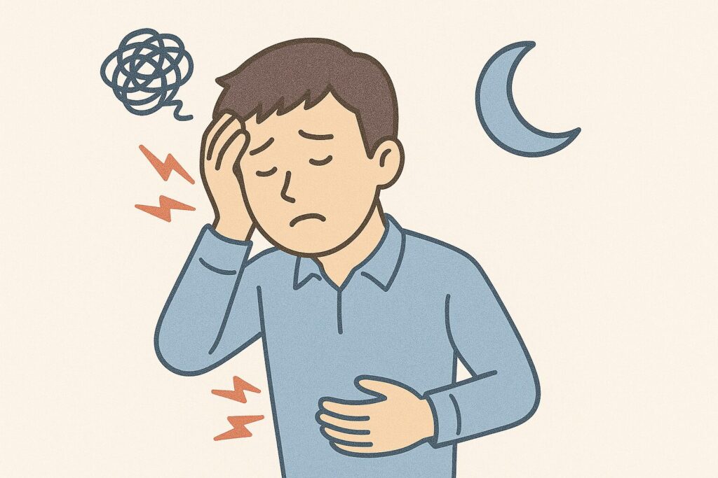 頭痛や不眠、胃痛など体調不良が続いている男性のイラストや風イラスト