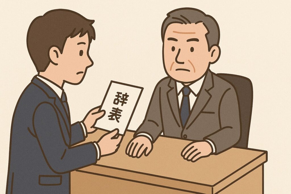 オフィスで部下が上司に辞表を差し出している様子
